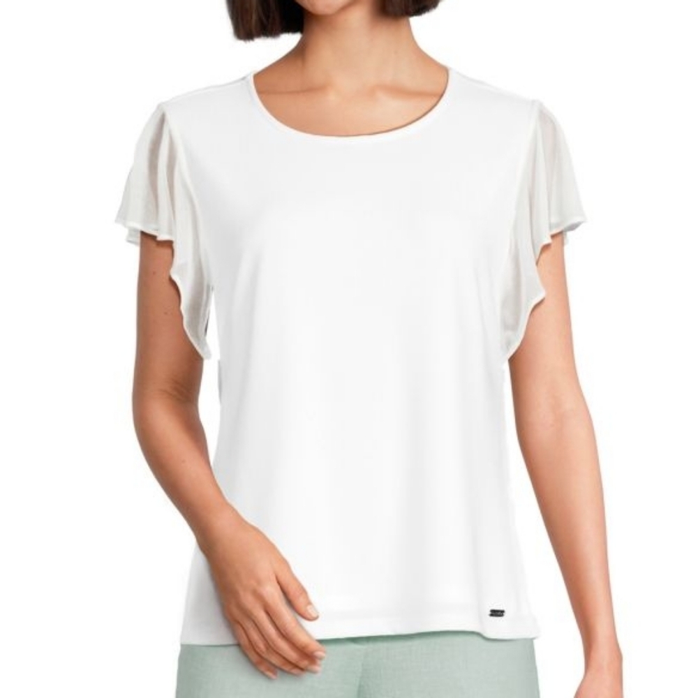 Calvin Klein Flutter Sleeve Top S White Minimalist Feminine Ethereal Light Fairy